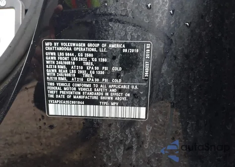 2019 Volkswagen Atlas 2.0T S z USA, uszkodzony, nr VIN 1V2AP2CA2KC601944